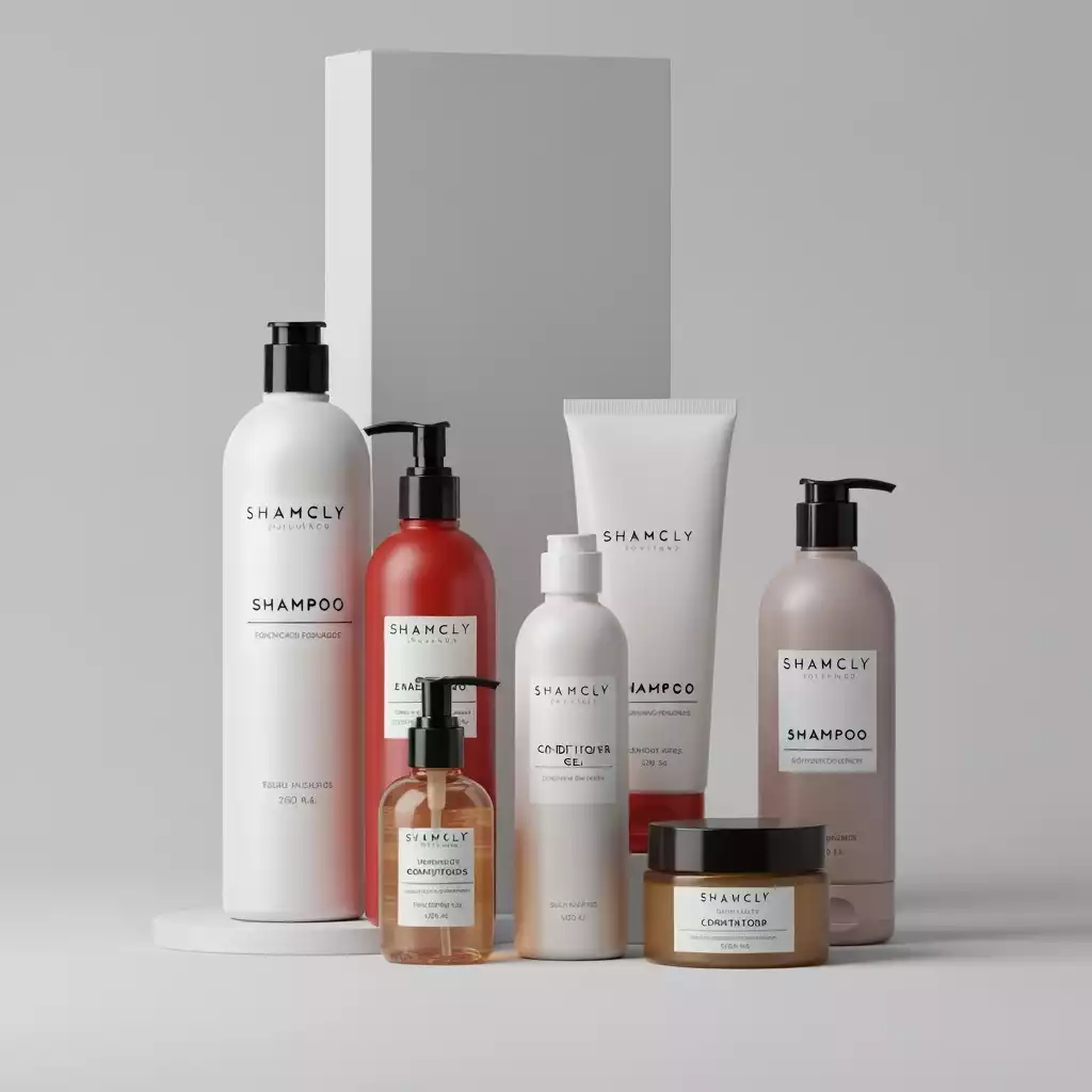 Assortment of curly hair care products on a clean background