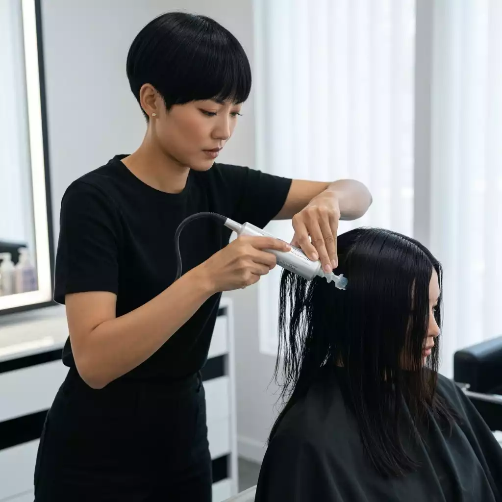 Stylist applying Floractive Nanoplasty treatment to client's hair in a salon setting