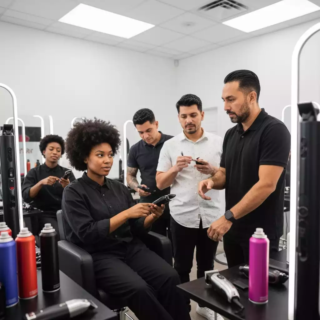 Diverse group of salon staff actively participating in a training session, learning new techniques, with modern salon tools visible, professional and engaged atmosphere, no text, no words, no typography, clean image