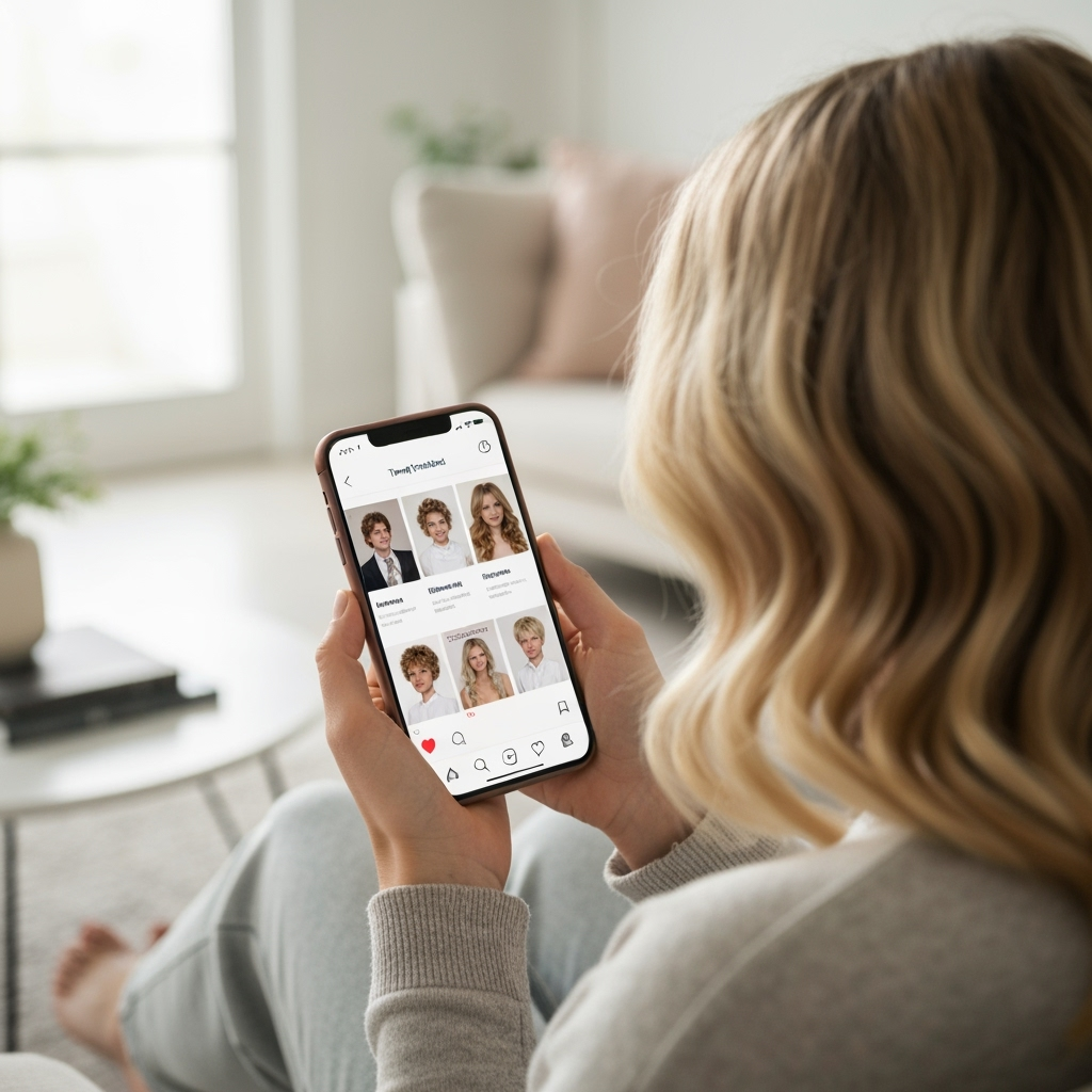 Person scrolling through social media on a phone, displaying various trending hairstyles