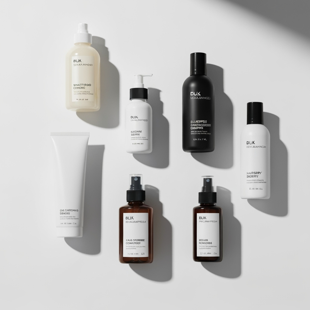 Assortment of modern hair styling products on a clean white background