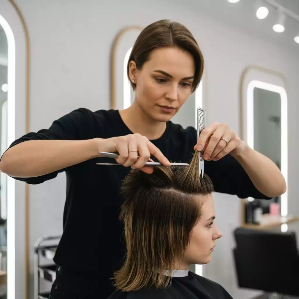 Stylist performing a hair cut on a client in a modern salon
