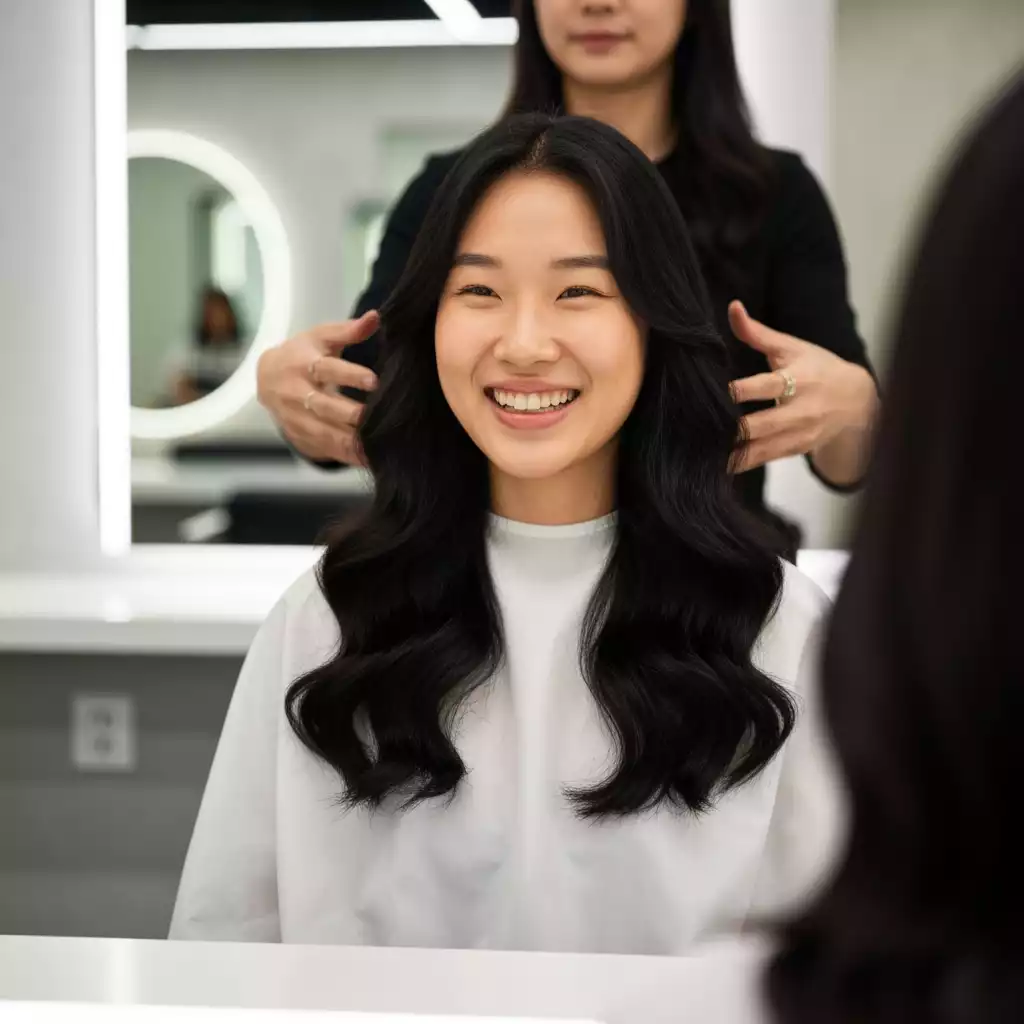 Client smiling in a salon chair after a hair transformation