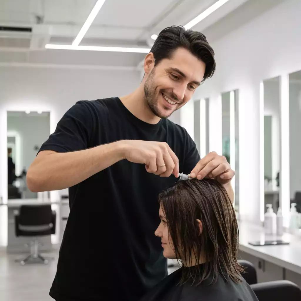 Professional stylist applying Floractive Nanoplasty treatment to client's hair in a salon setting