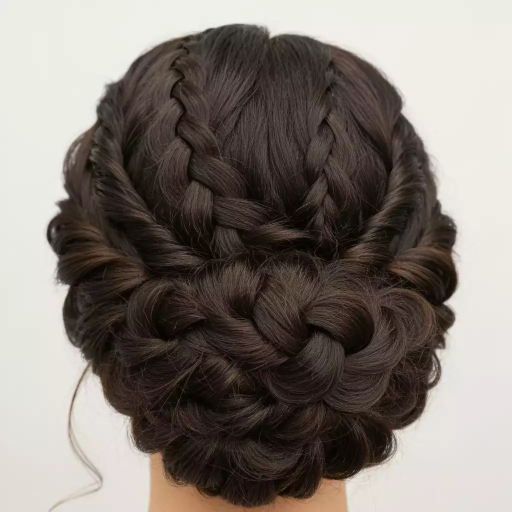Elegant updo with braided details, suitable for a wedding or formal event