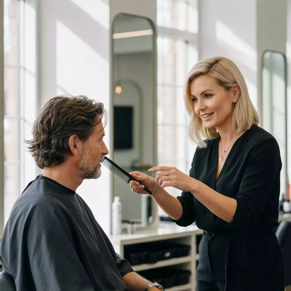 Professional hairdresser consulting with a client in a modern, well-lit salon, showing a close, friendly interaction, no text, no words, no typography, 8K, natural lighting