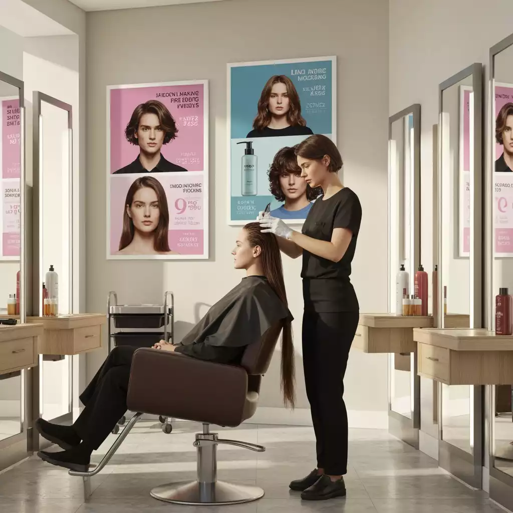 Modern salon interior with promotional posters and a client enjoying a hair treatment, showcasing a vibrant and welcoming atmosphere, no text, no words, no typography, 8K, natural lighting