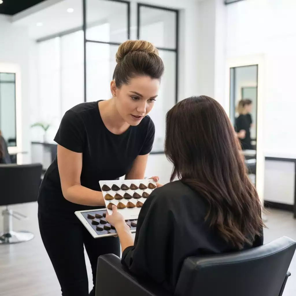 Stylist consulting with a client, showing different hair color swatches