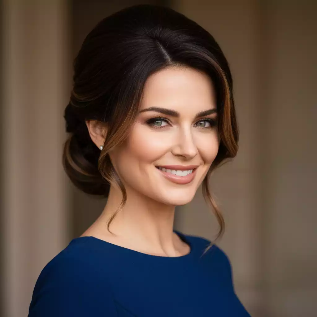 Woman with an elegant, modern updo, smiling confidently