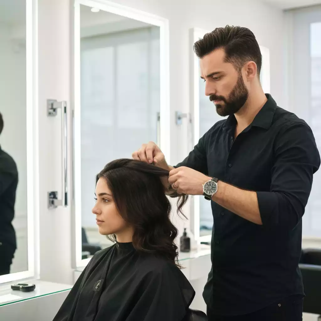 Stylist working on client's hair in a modern salon, natural lighting, soft focus background