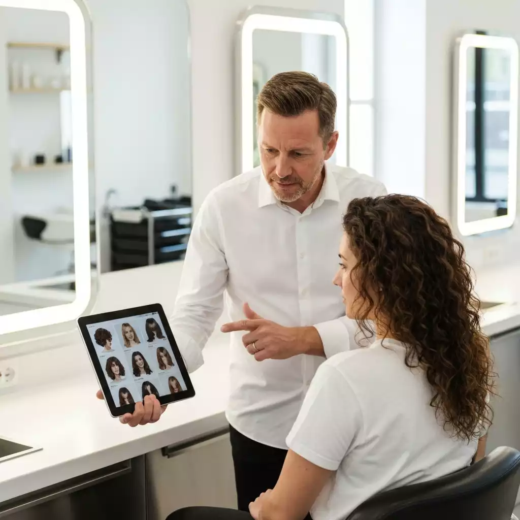 Stylist consulting with a client, showing hair styles on a tablet