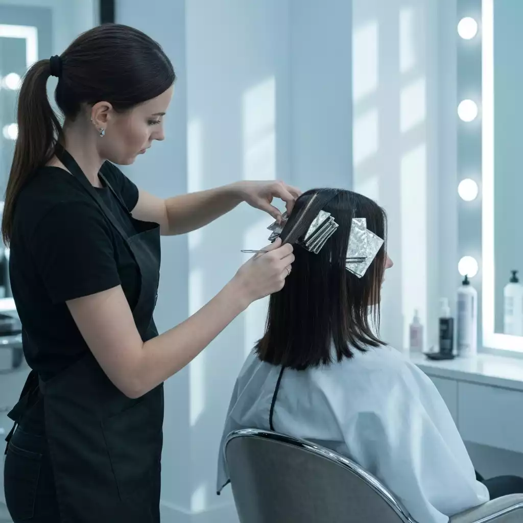 Hair stylist meticulously applying highlights with foils to client's hair, professional salon setting, no text, no words, no typography, clean image