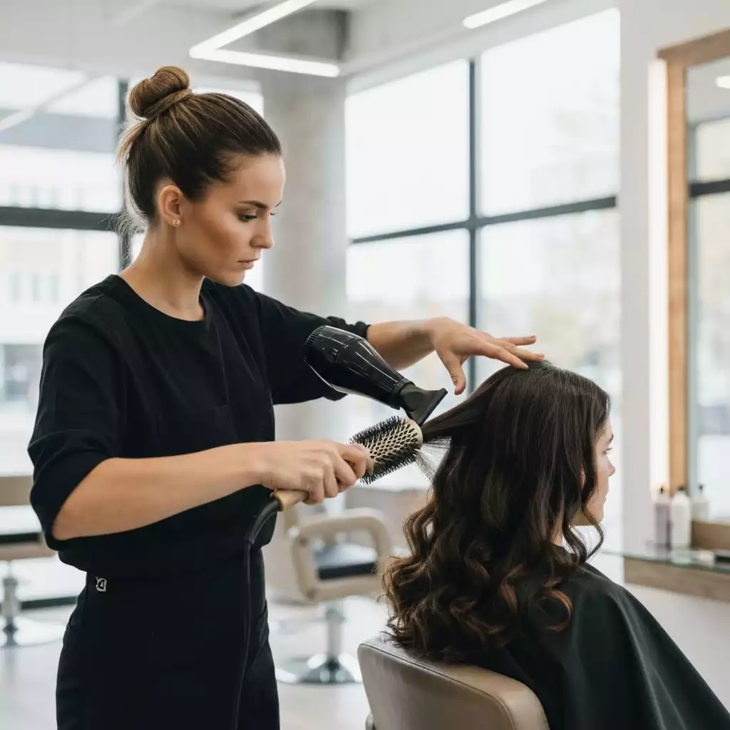 Stylist expertly blow-drying a client's hair in a modern salon setting