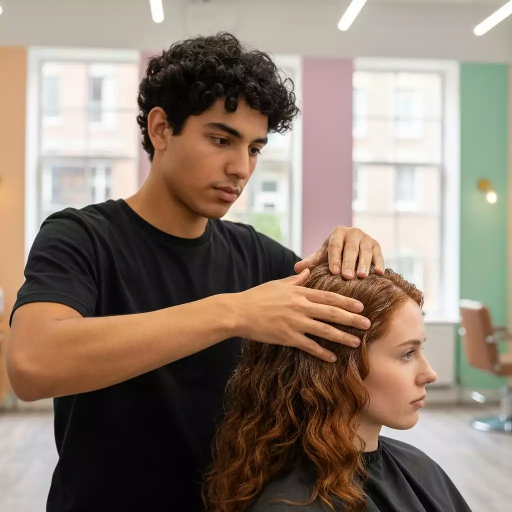Hairdresser applying a high-quality hair treatment to a client's hair in a salon