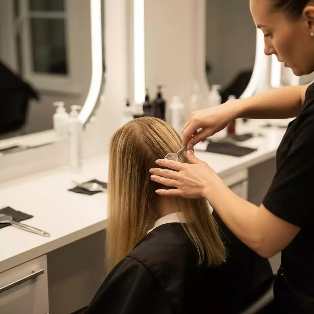 Stylist applying a hair treatment to long, shiny hair in a salon setting, no text, no words, no typography, clean image