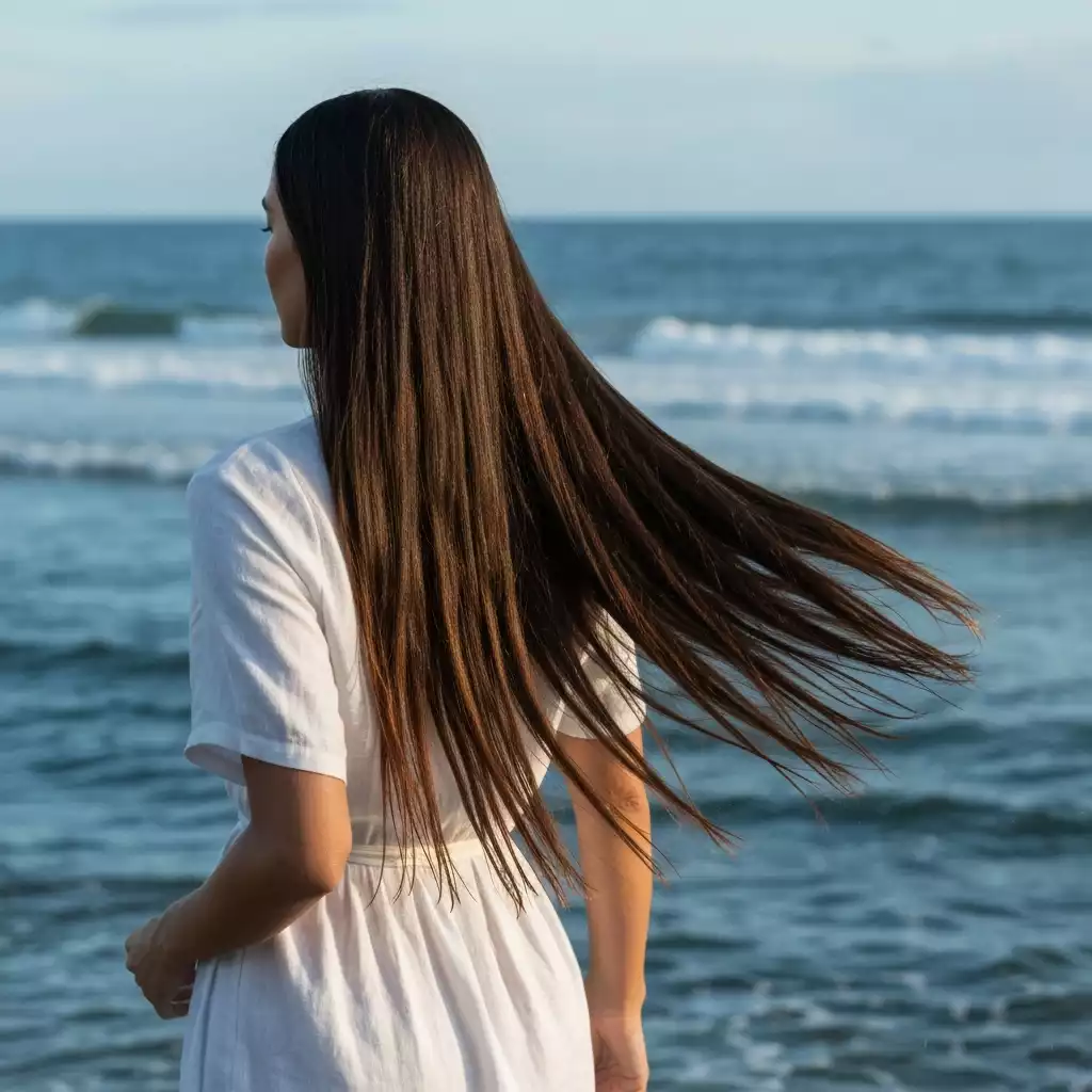 Woman with long, healthy hair flowing in a humid, coastal environment, no text, no words, no typography, clean image