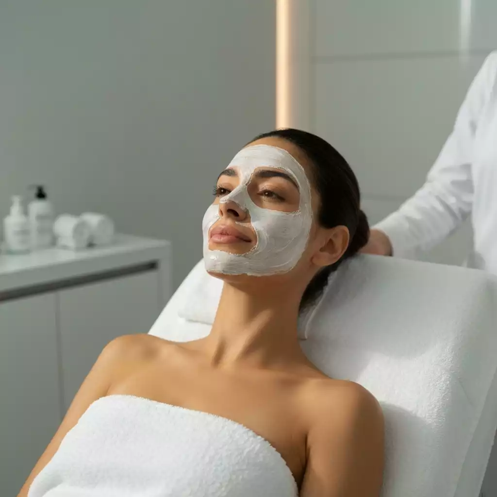 Woman enjoying a luxurious facial treatment in a serene spa setting