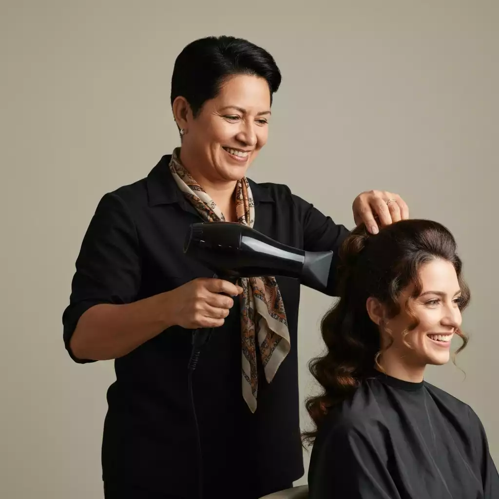 Stylist finishing a client's hair with a blow dryer, client smiling