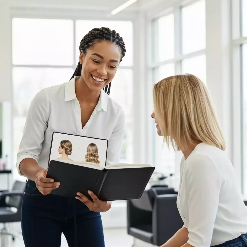 Hairdresser consulting with a client, showing hair samples and discussing styles