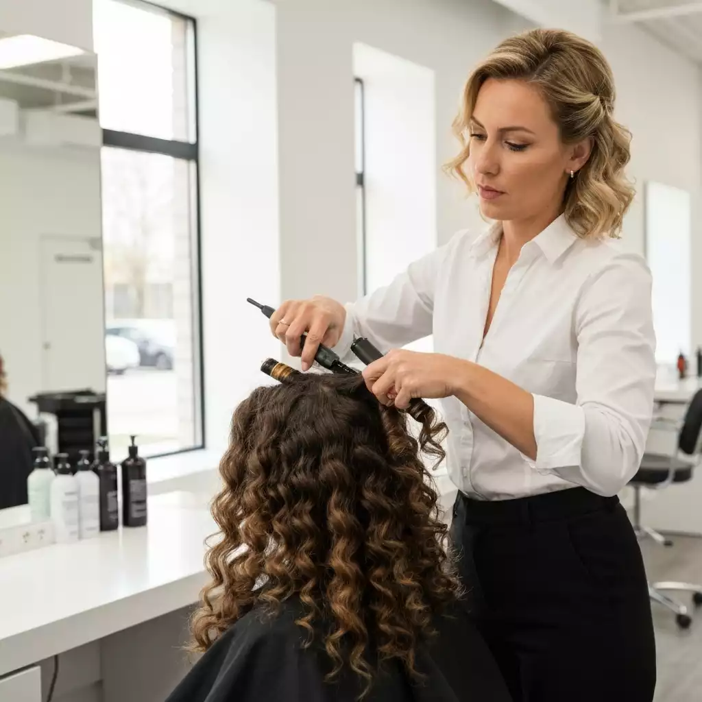 Professional curl specialist working on client's hair
