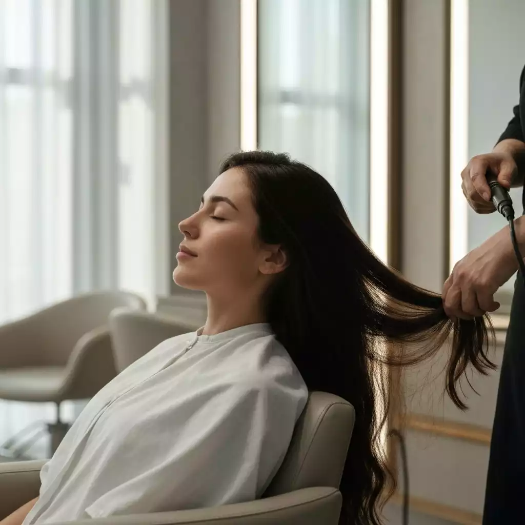 Client enjoying hair treatment in salon