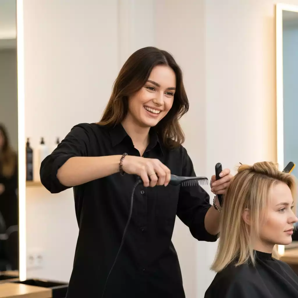 Hairdresser styling hair in a modern salon setting